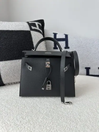 Replica Hermes Kelly 25 CK89 Noir Handmade Epsom Sliver #3535 - Image 7