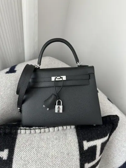 Replica Hermes Kelly 25 CK89 Noir Handmade Epsom Sliver #3535 - Image 3