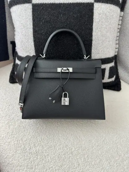 Replica Hermes Kelly 25 CK89 Noir Handmade Epsom Sliver #3535