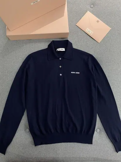 Replica Miu Miu Wool knit polo shirt Navy Blue For Women #3602
