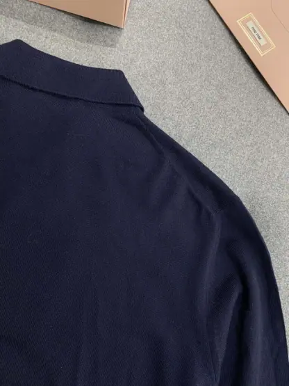 Replica Miu Miu Wool knit polo shirt Navy Blue For Women #3602 - Image 8
