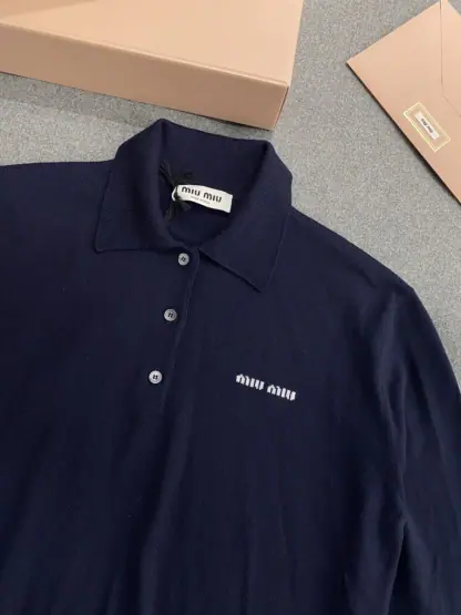 Replica Miu Miu Wool knit polo shirt Navy Blue For Women #3602 - Image 10
