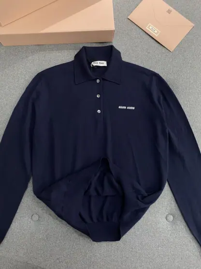 Replica Miu Miu Wool knit polo shirt Navy Blue For Women #3602 - Image 14