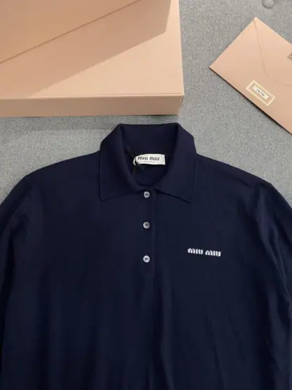 Replica Miu Miu Wool knit polo shirt Navy Blue For Women #3602 - Image 15