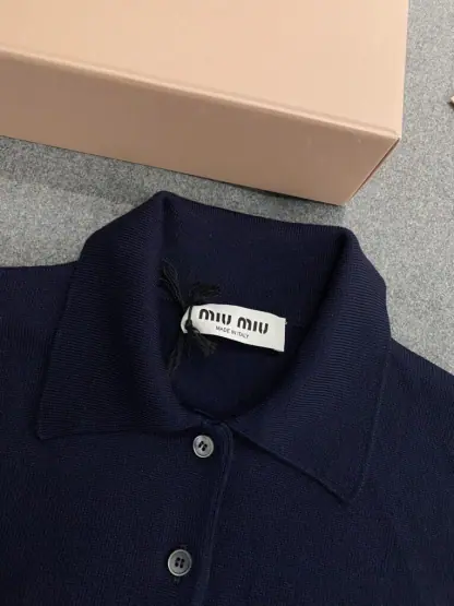 Replica Miu Miu Wool knit polo shirt Navy Blue For Women #3602 - Image 2