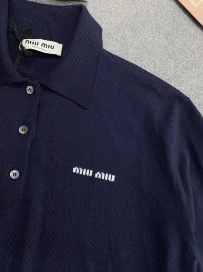 Replica Miu Miu Wool knit polo shirt Navy Blue For Women #3602 - Image 3