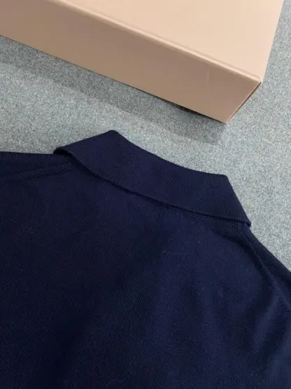Replica Miu Miu Wool knit polo shirt Navy Blue For Women #3602 - Image 6