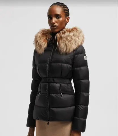REPLICA MONCLER WOMEN'S BOED HOODED SHEARLING SHORT DOWN JACKET BLACK & BEIGE #3829