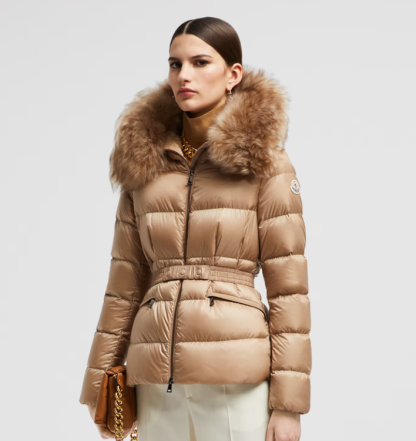 REPLICA MONCLER WOMEN'S BOED HOODED SHEARLING SHORT DOWN JACKET CAMEL BEIGE #3826