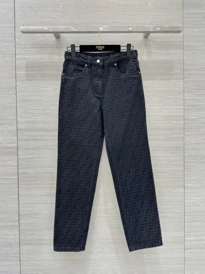 Replica FENDI Long Jeans Black FF denim pants For Women #3867