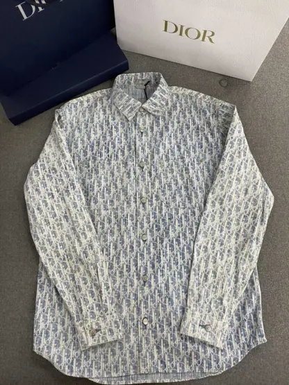 Replica Dior Blue and White Dior Oblique Kasuri Cotton Denim Overshirt #3982