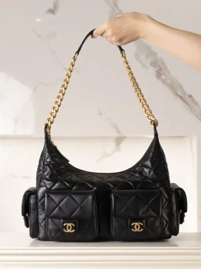 REPLICA CHANEL MAXI HOBO BAG BLACK LAMBSKIN 2025 #4036 - Image 5