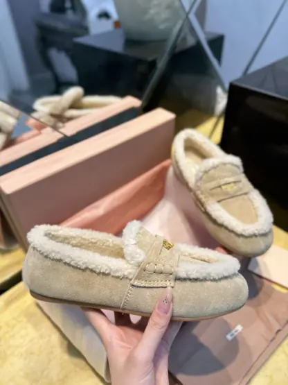 Replica Miu Miu suede loafers with fur metal coin #4027 - Image 7
