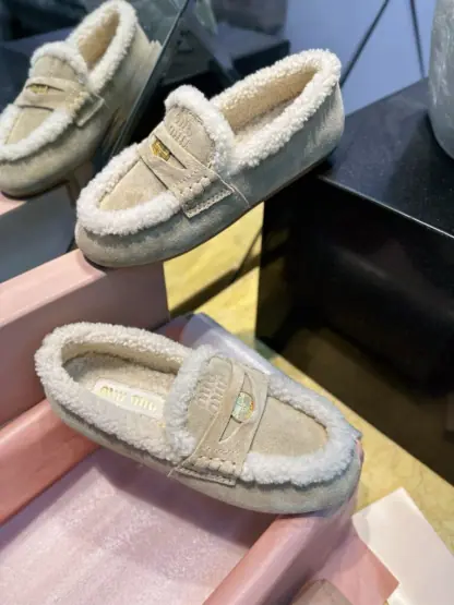 Replica Miu Miu suede loafers with fur metal coin #4027 - Image 8