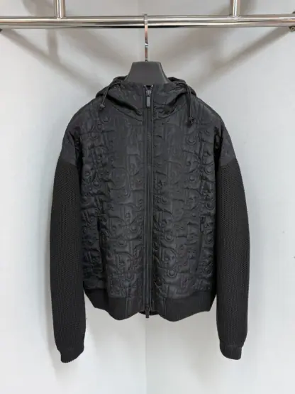 Replica Dior Oblique Hooded Blouson Jacket Black Cotton-Blend Knit #4002