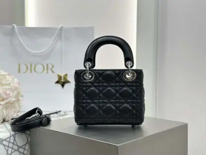 Replica Dior Mini Lady Dior Bag Black Cannage Lambskin Sliver #4150 - Image 3