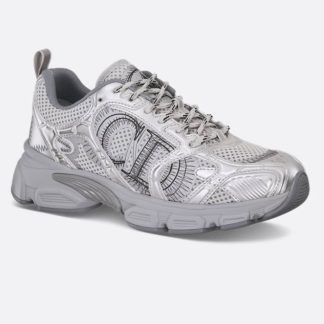 Replica Dior Chrono Sneaker Gray Mesh with Silver-Tone Laminated Leather-Effect Panels