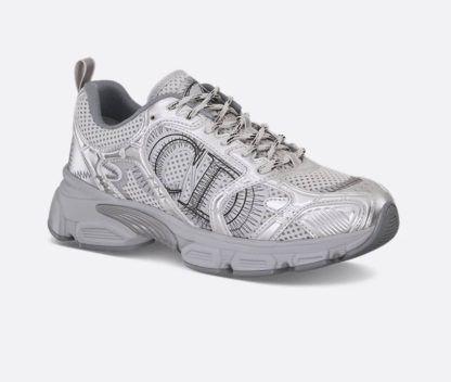 Replica Dior Chrono Sneaker Gray Mesh with Silver-Tone Laminated Leather-Effect Panels